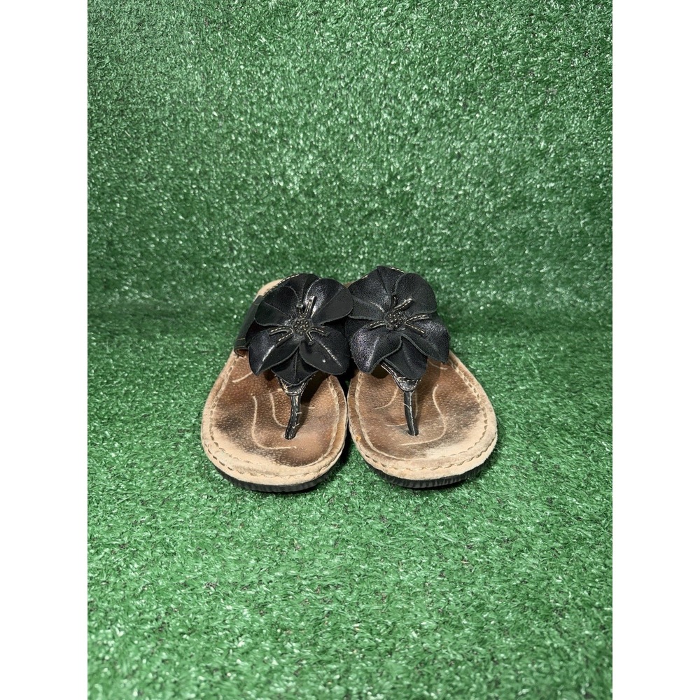 Clarks Artisan Black Leather Flower Wedge Thong Sandals Beach Slide Women Size 8 - Picture 5 of 9